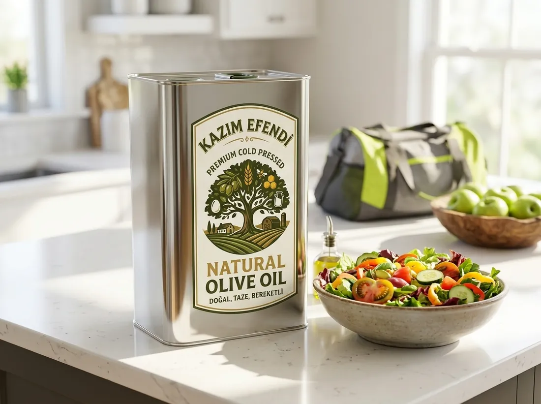Kazım Efendi 5 litre zeytinyağı tenekesini mutfak tezgahında gösteren ürün görseli